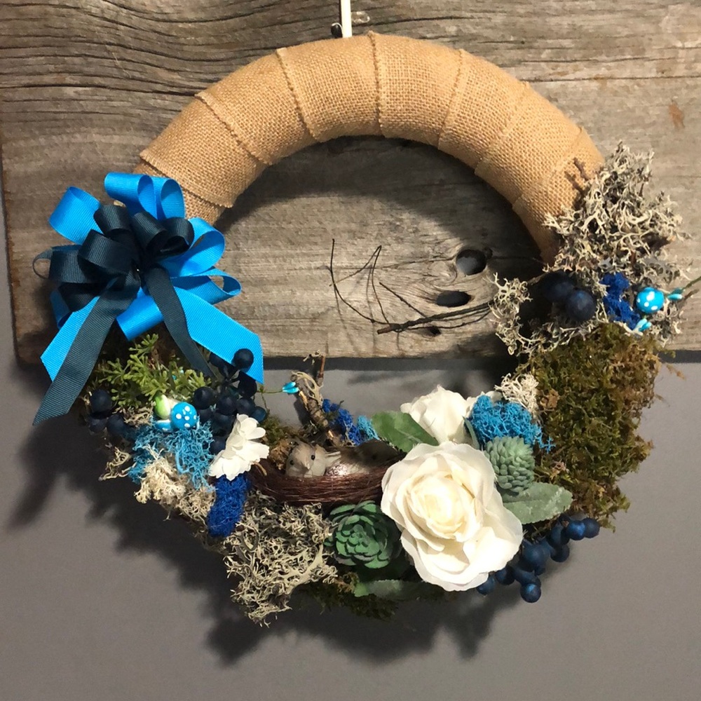 New Cottage core spring summer burlap wreath succulent mushroom, bird nest